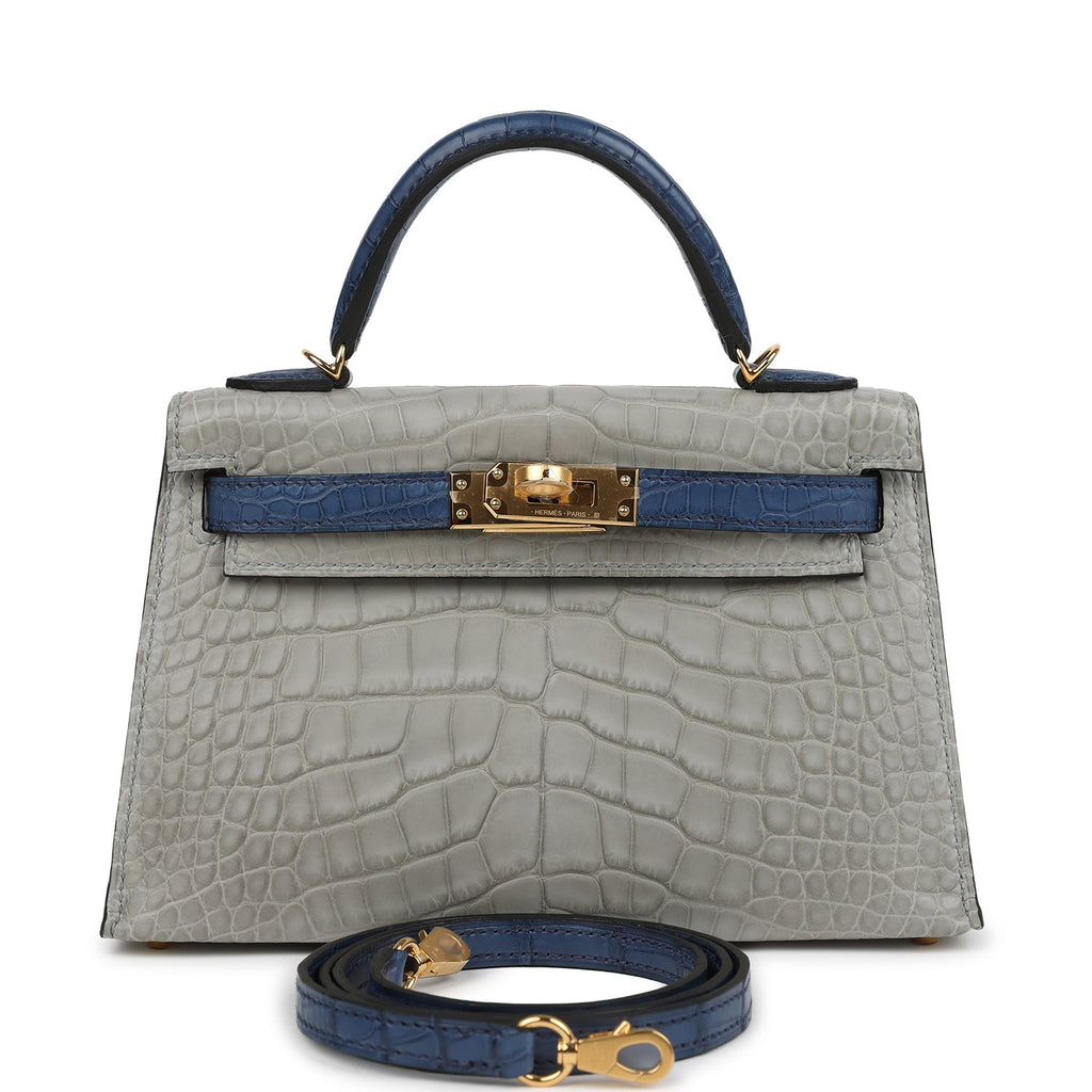 Pre-owned Hermes Special Order (HSS) Kelly Sellier 20 Gris Perle and Bleu de Malte Matte Alligator Gold Hardware