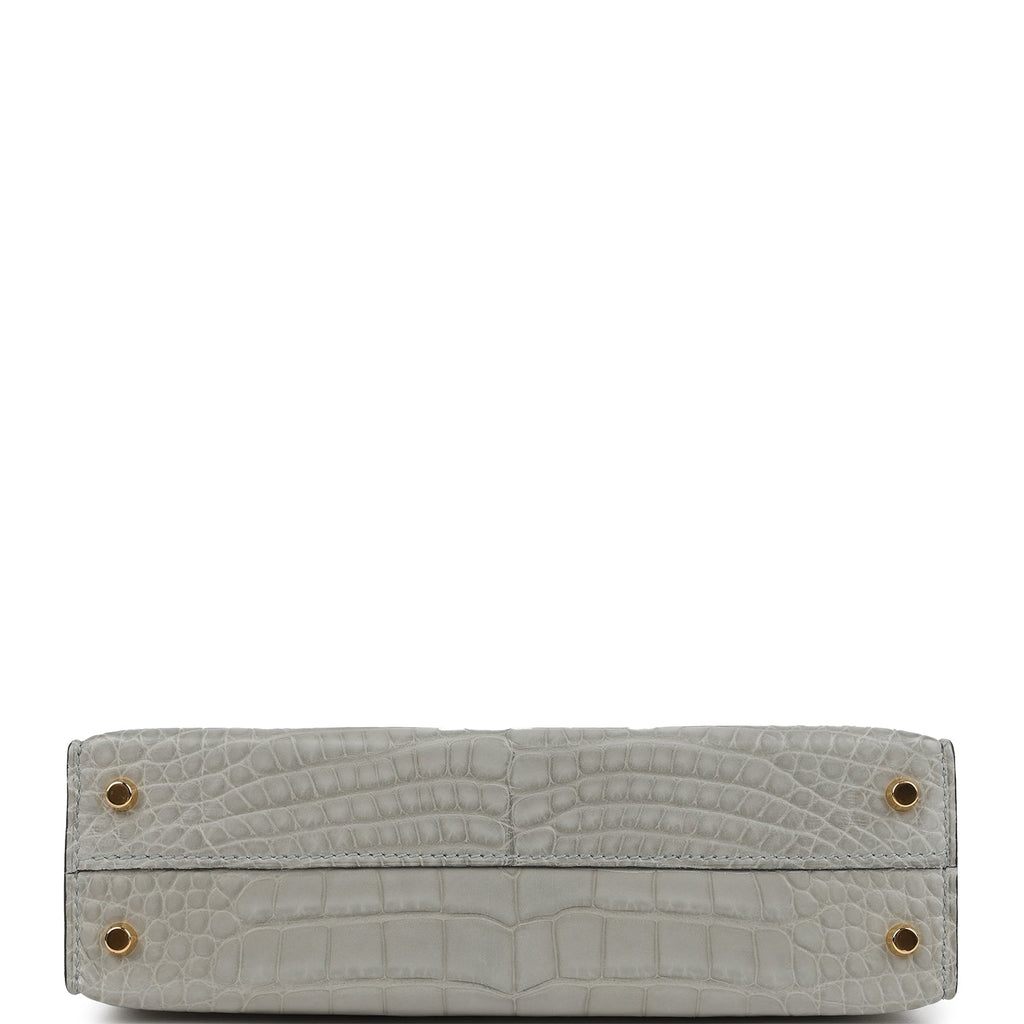 Pre-owned Hermes Special Order (HSS) Kelly Sellier 20 Gris Perle and Bleu de Malte Matte Alligator Gold Hardware - Image 7