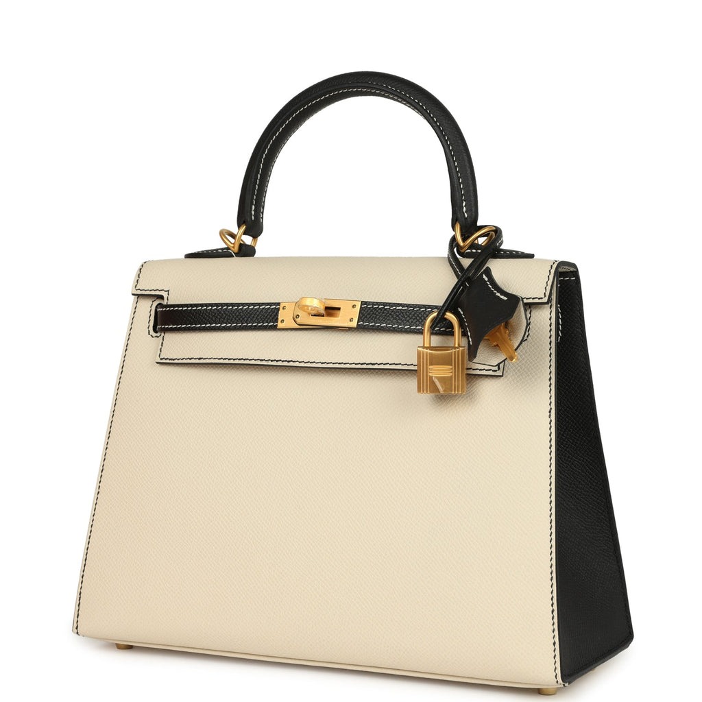 Hermes Special Order (HSS) Kelly Sellier 25 Craie and Black Epsom Brushed Gold Hardware - Image 6