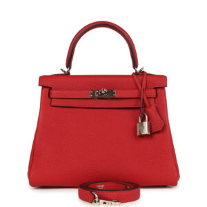 Pre-owned Hermes Kelly Retourne 25 Rouge Casaque Togo Palladium Hardware
