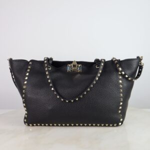 Valentino Black Medium Grainy Studded Shoulder Tote Bag