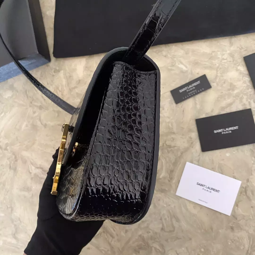 Kaia Small Satchel in Shiny Crocodile-Embossed Leather - Image 7