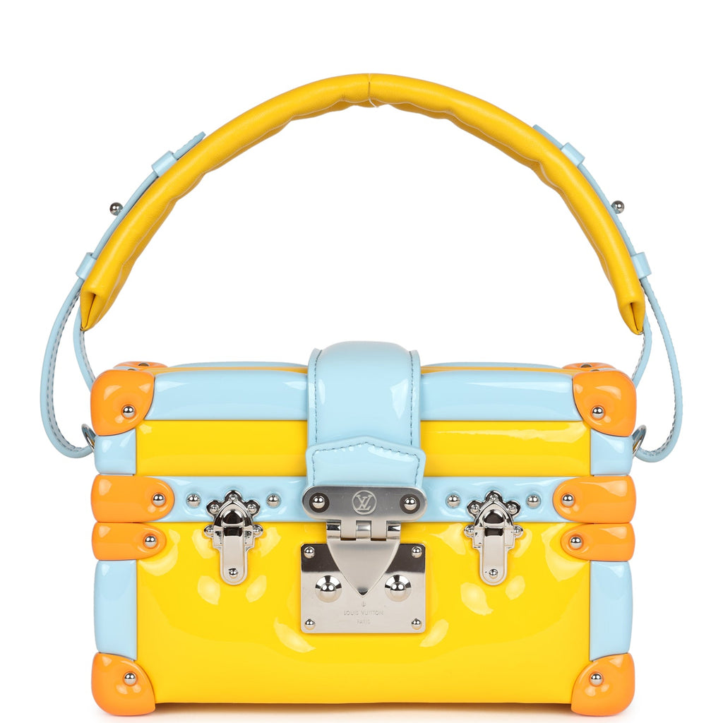 Louis Vuitton Petite Malle Handbag Light Blue & Yellow Glossy Calfskin Silver Hardware - Image 3