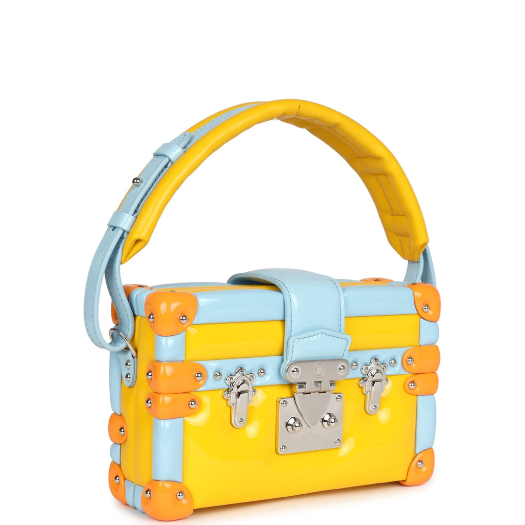 Louis Vuitton Petite Malle Handbag Light Blue & Yellow Glossy Calfskin Silver Hardware - Image 4