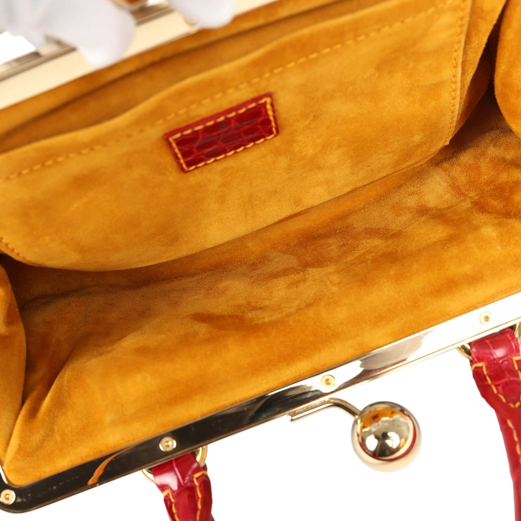 Vintage Louis Vuitton Sac Fermoir GM Bag Blue Monogram Denim and Red Alligator Gold Hardware - Image 9