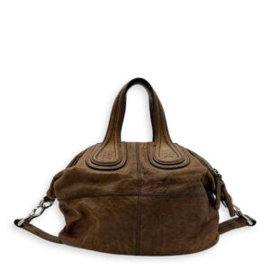 Nightingale Small Brown Top Handle Bag in Distressed Leather, Silver hardware