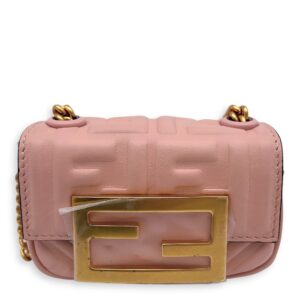 Baguette Nano Pink Wallet On Chain in Calfskin, Gold hardware
