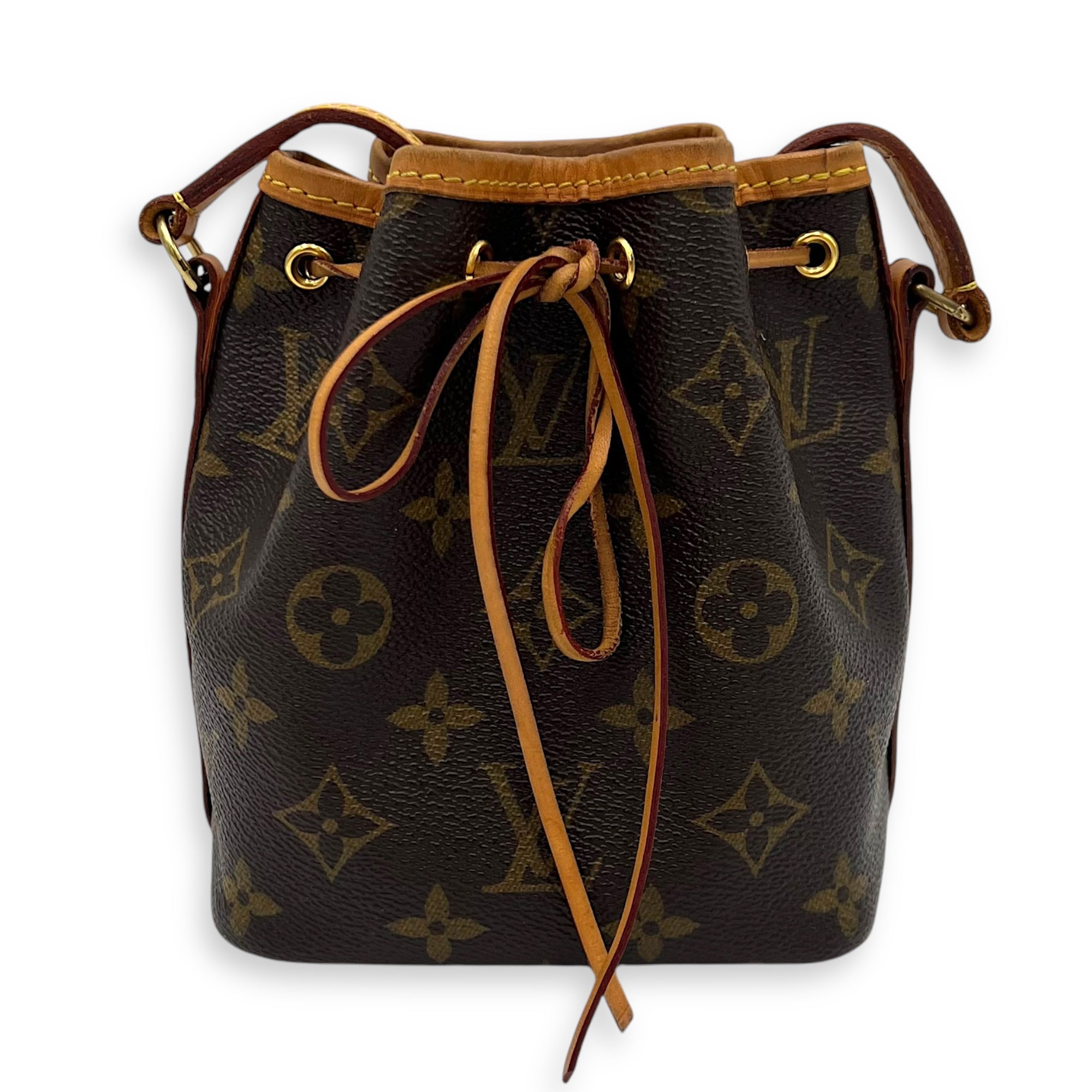 Noe Nano Brown Bucket Bag in Monogram Coated Canvas, Gold hardware