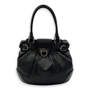 Gancini Black Tote Bag in Calfskin, Silver hardware