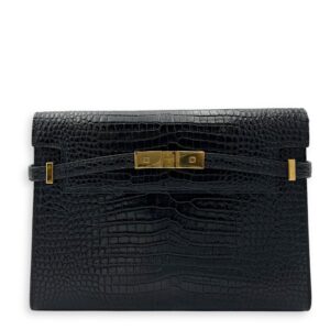 Manhattan Shoulder Bag Black in Crocodile Embossed Calfskin, Gold hardware