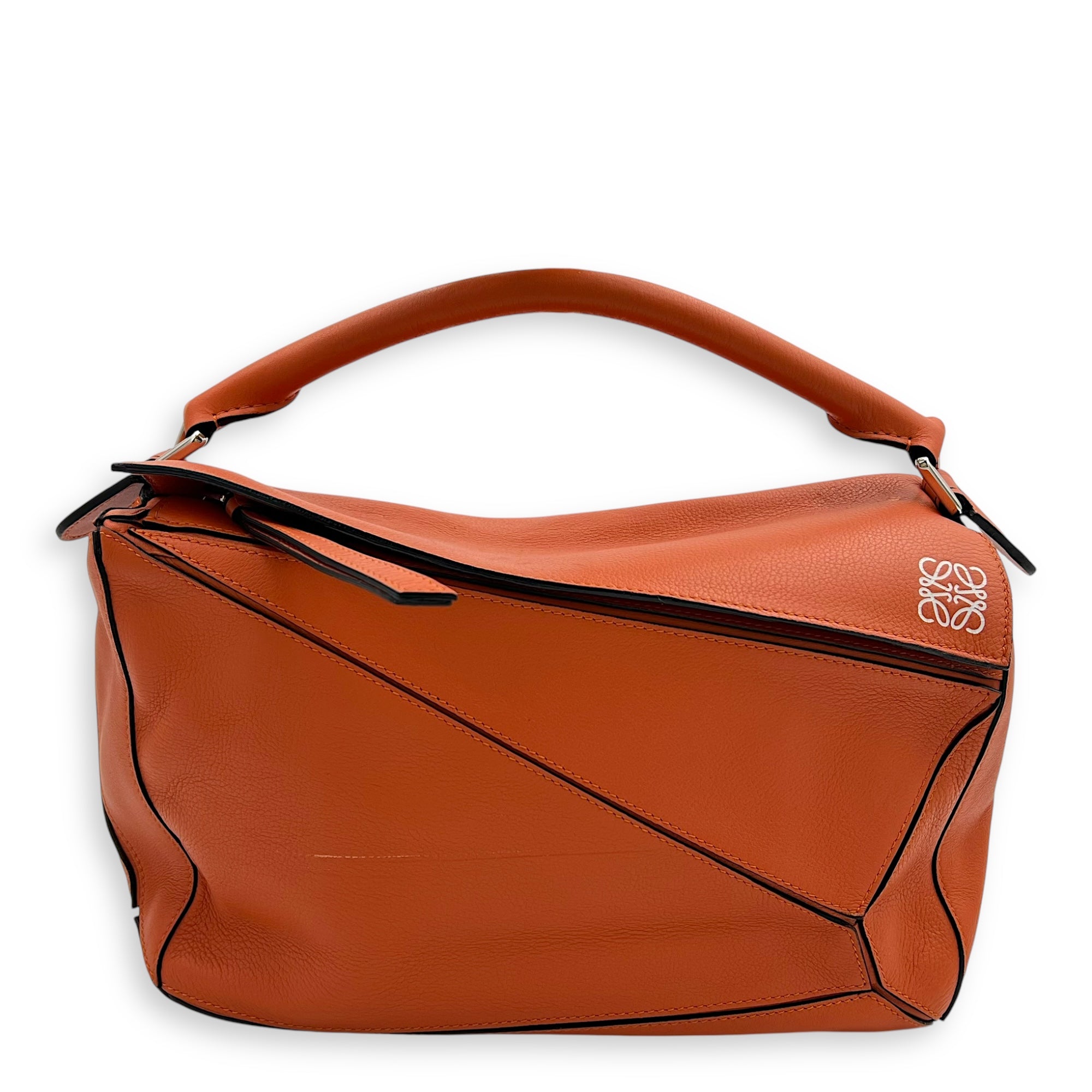 Puzzle Medium Orange Crossbody Bag in Calfskin, Silver hardware
