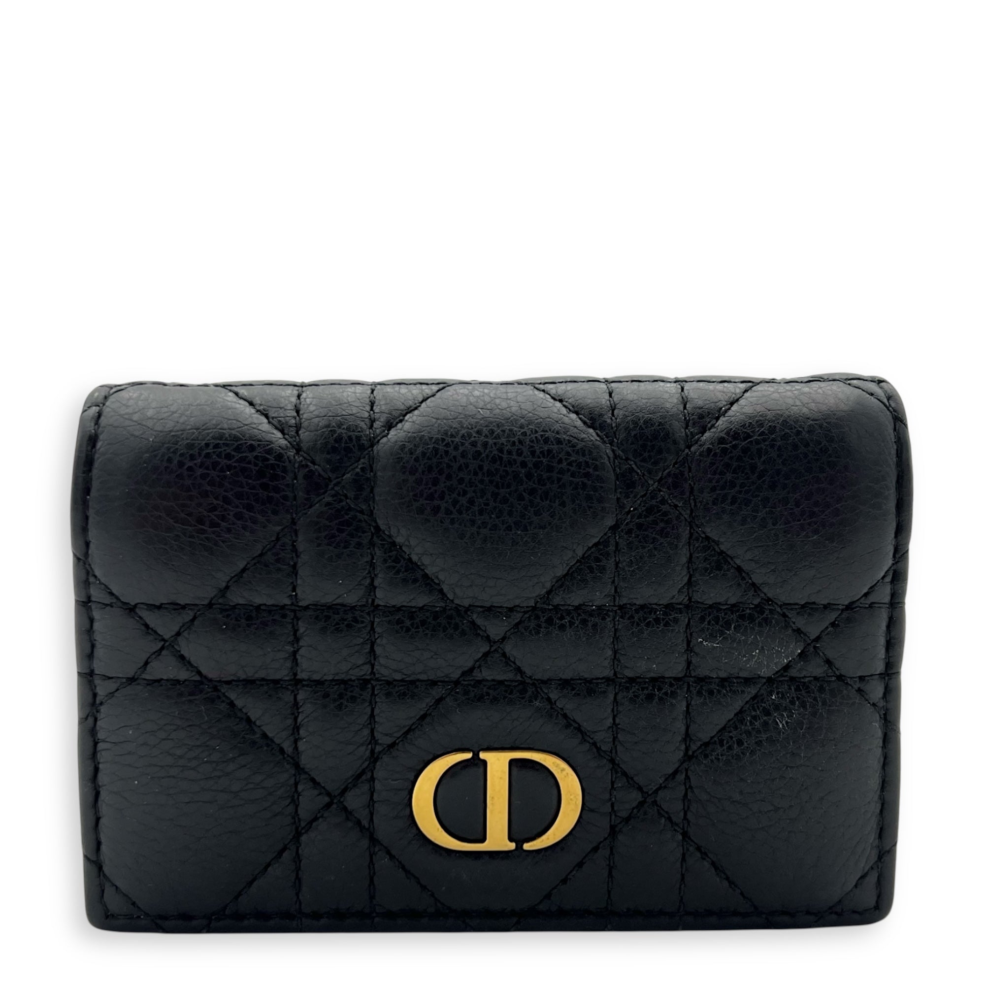 Cannage Card Holder Black in Calfskin, Gold hardware