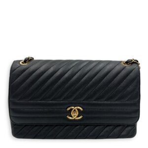 Diagonal Quilted Shoulder Bag Black in Goat Leather, Gold hardware
