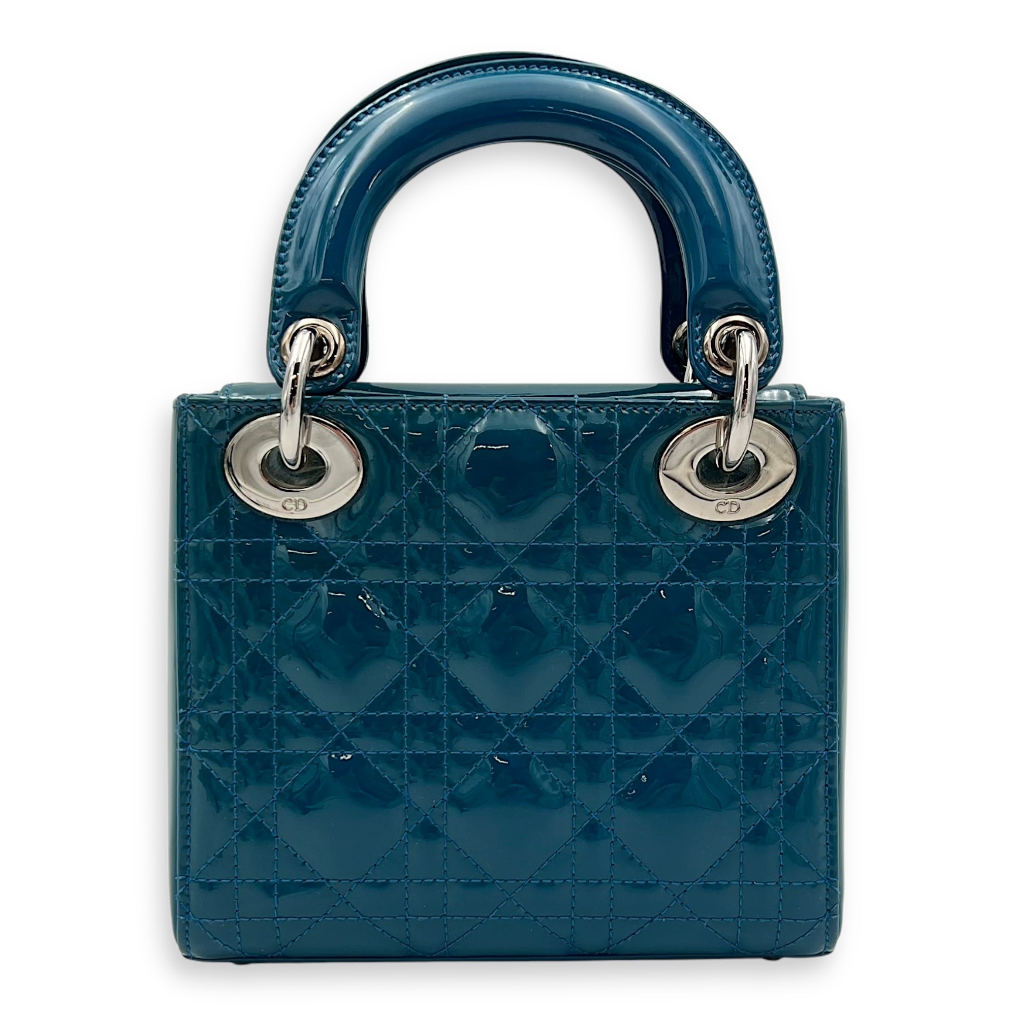 Lady Dior Mini Blue Top Handle Bag in Patent Leather, Silver hardware - Image 3