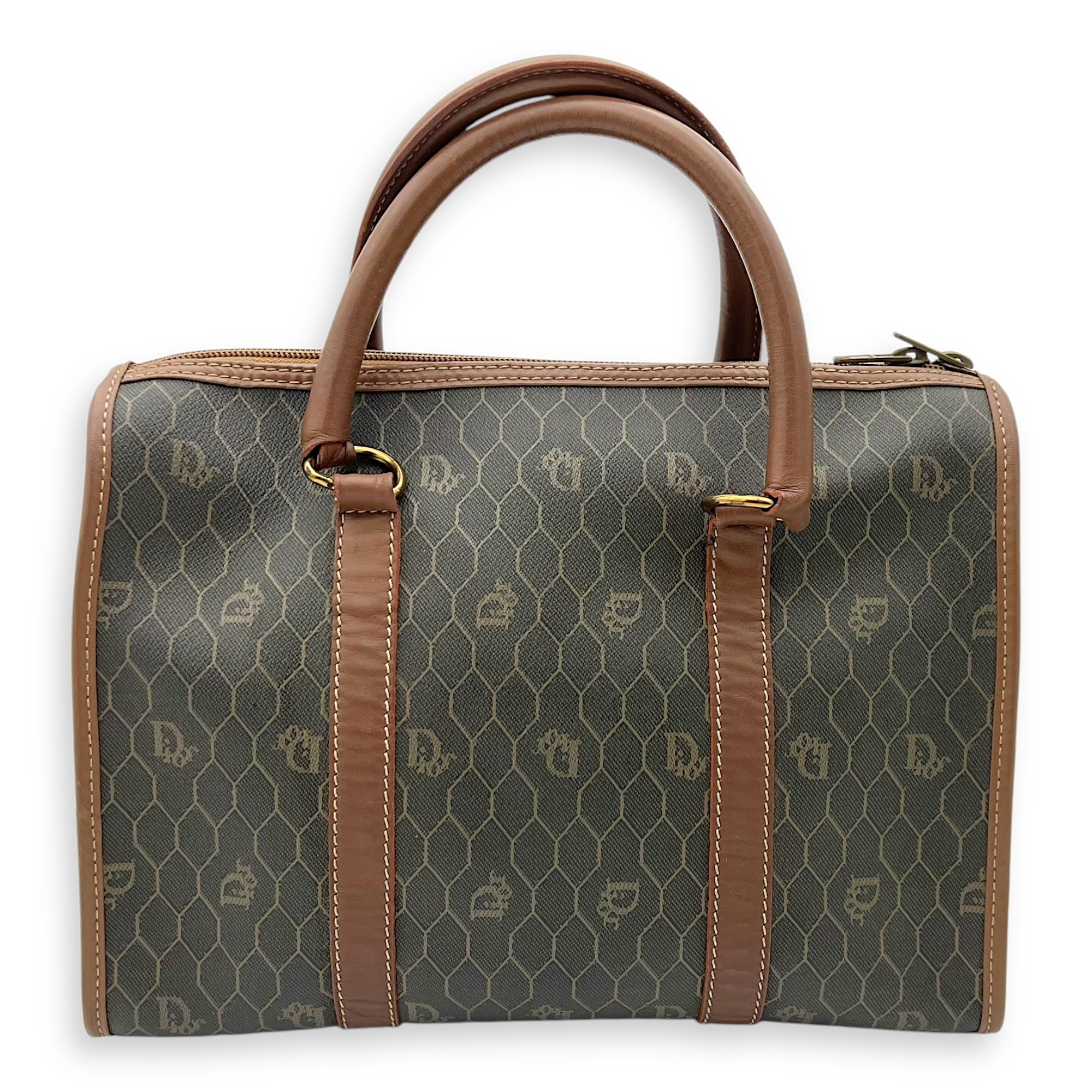 Honeycomb Top Handle Bag Brown in Coated Canvas, Gold hardware - Image 3