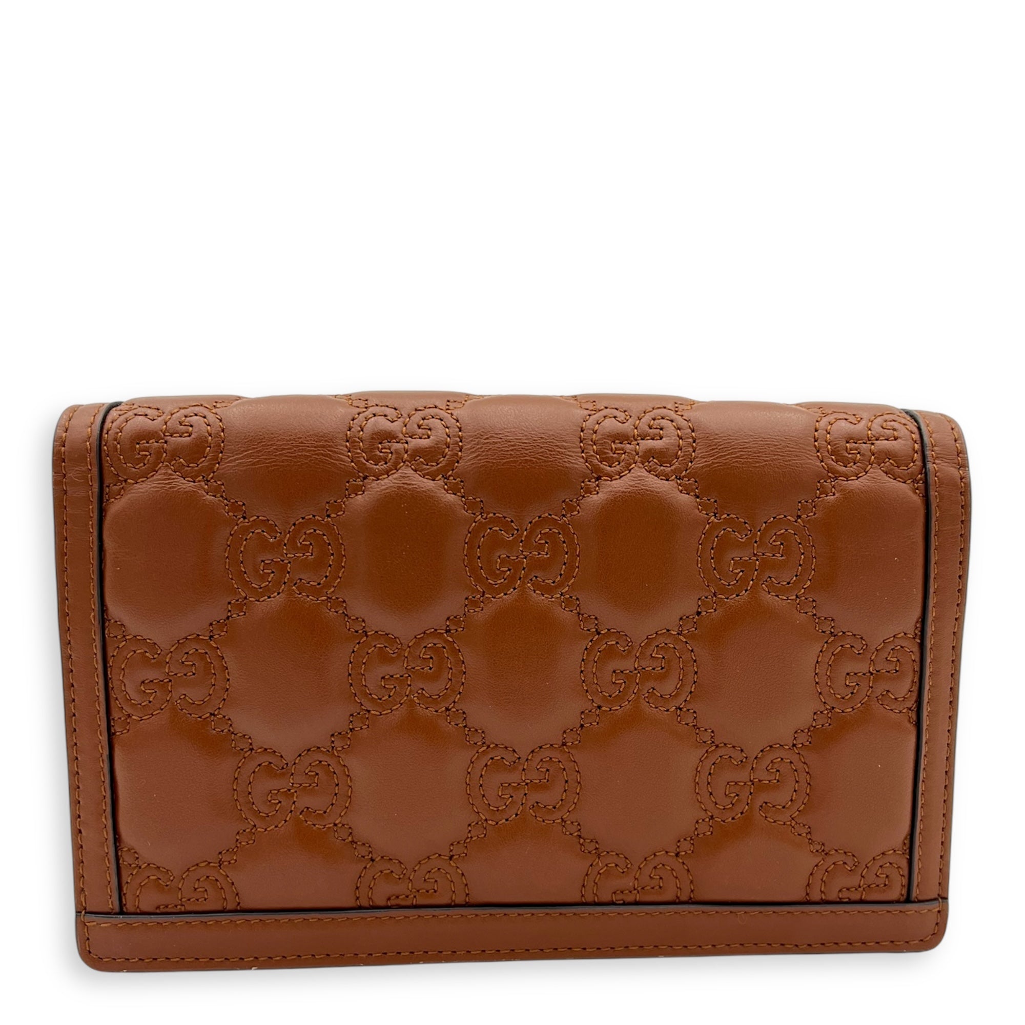 Matelassé Wallet On Chain Brown in Calfskin, Gold hardware - Image 3