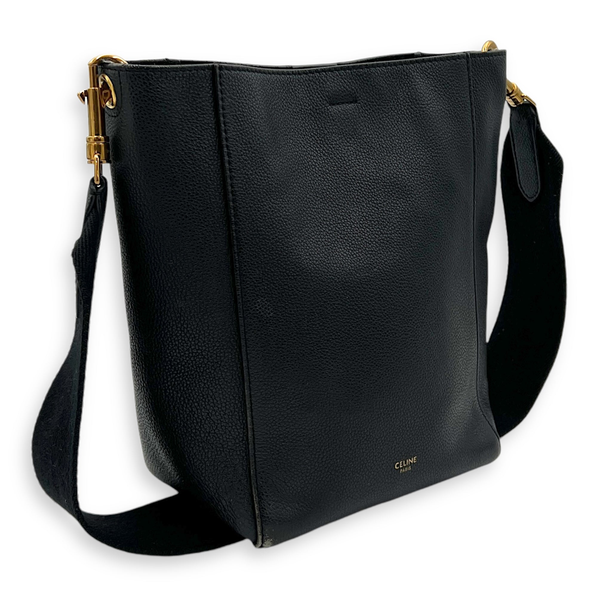 Sangle Small Black Bucket Bag in Calfskin, Gold hardware - Image 4