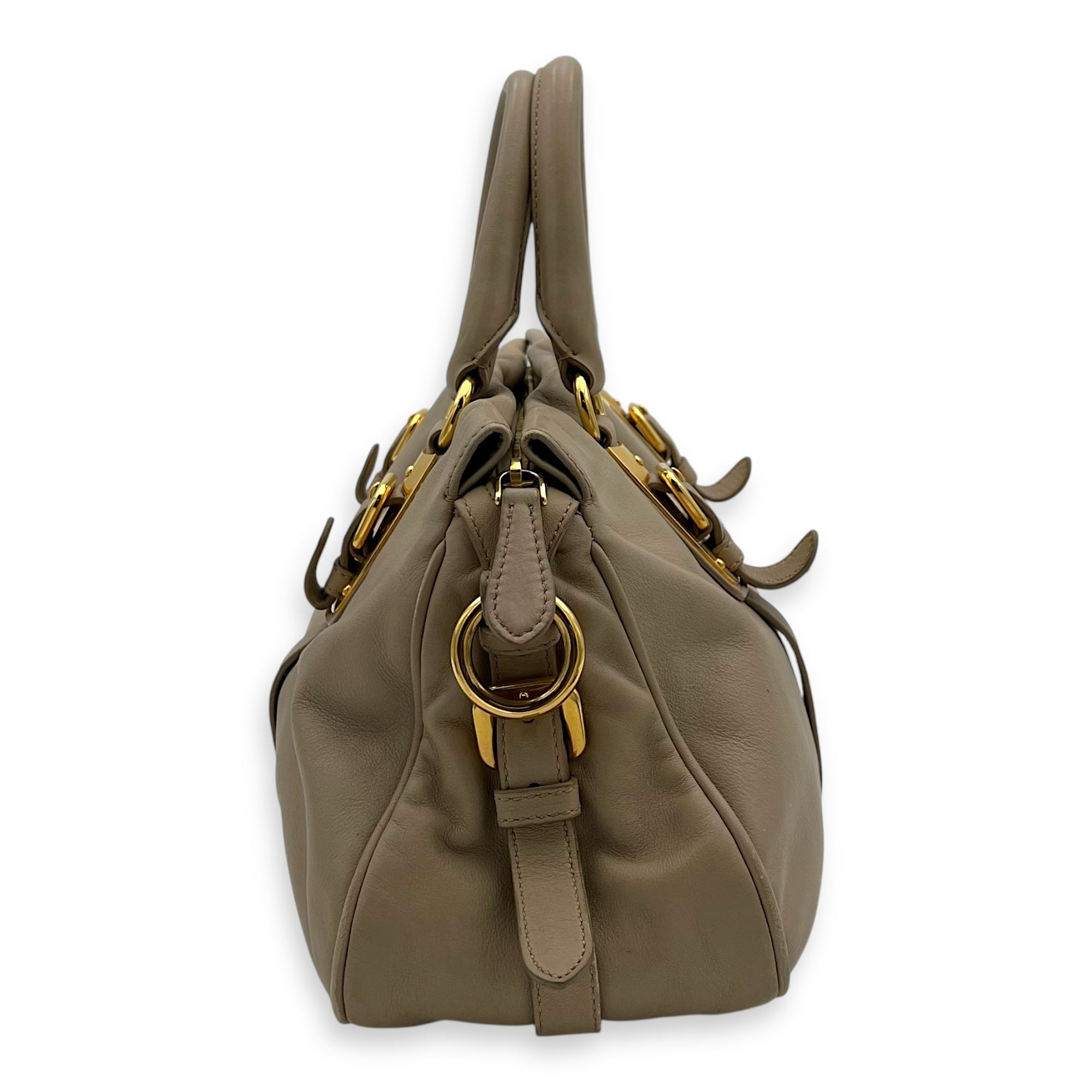Logo Top Handle Bag Beige in Calfskin, Gold hardware - Image 4