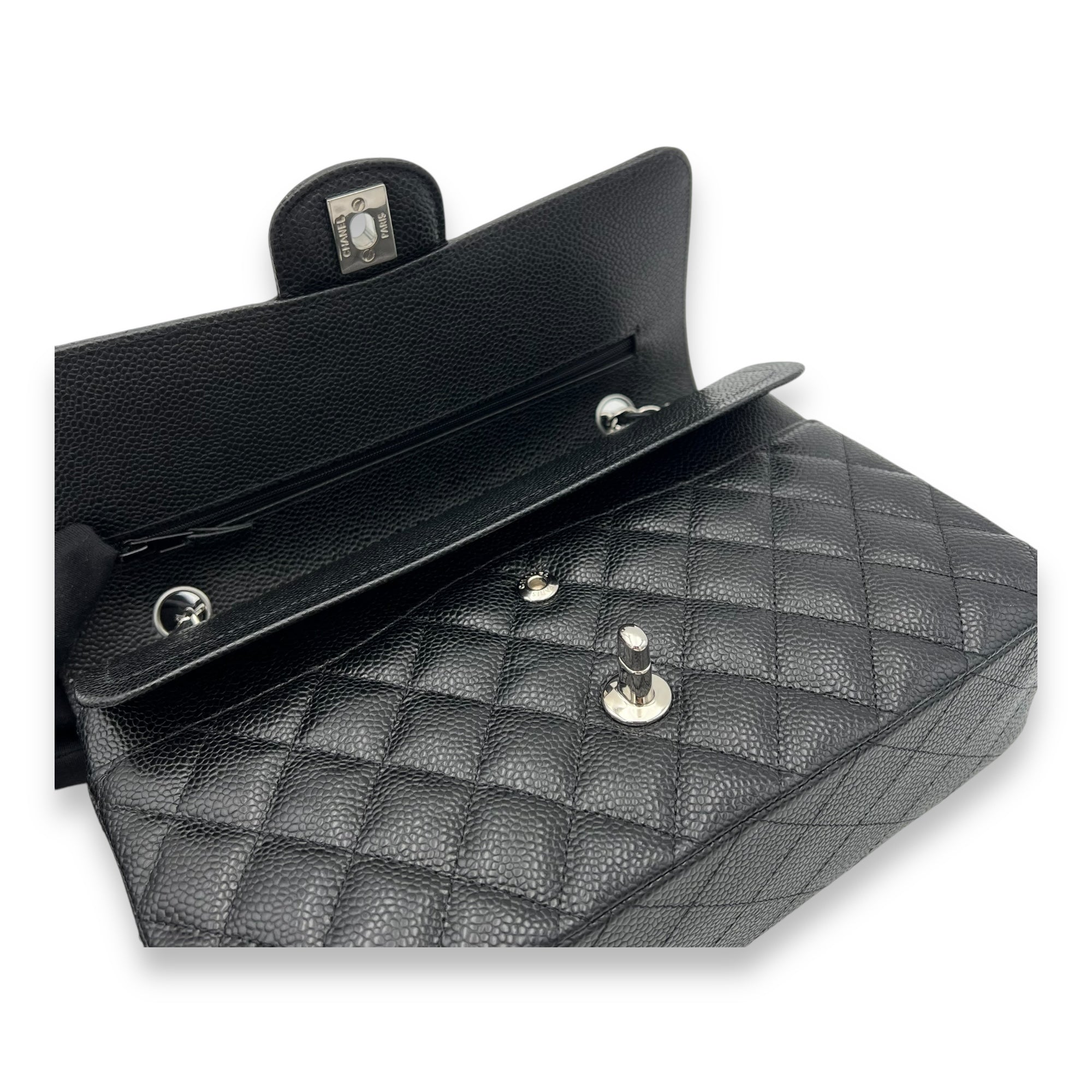 Classic Medium Black Shoulder Bag in Caviar Leather, Silver hardware - Image 8