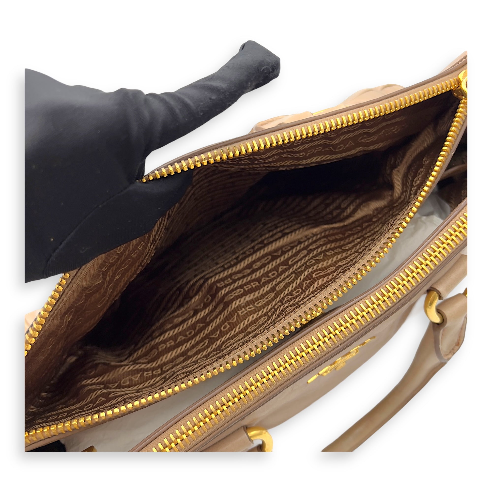 Logo Top Handle Bag Beige in Calfskin, Gold hardware - Image 8