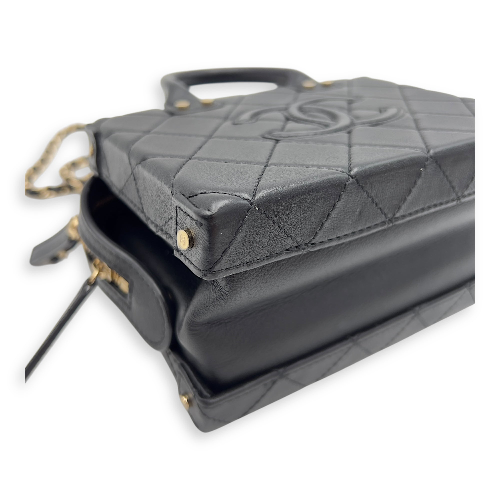 CC Black Top Handle Bag in Calfskin, Gold hardware - Image 8