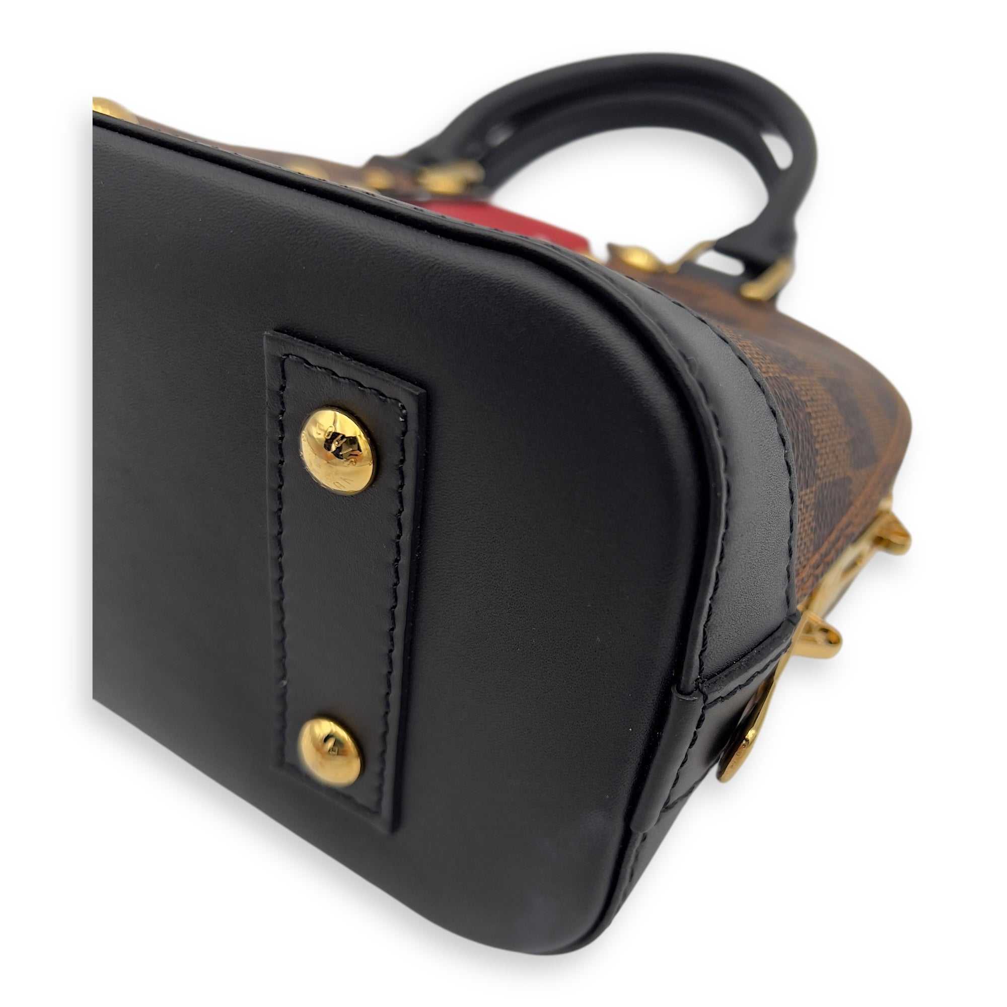 Karakoram Alma BB Damier Ebene Top Handle Bag in Coated Canvas, Gold hardware - Image 12