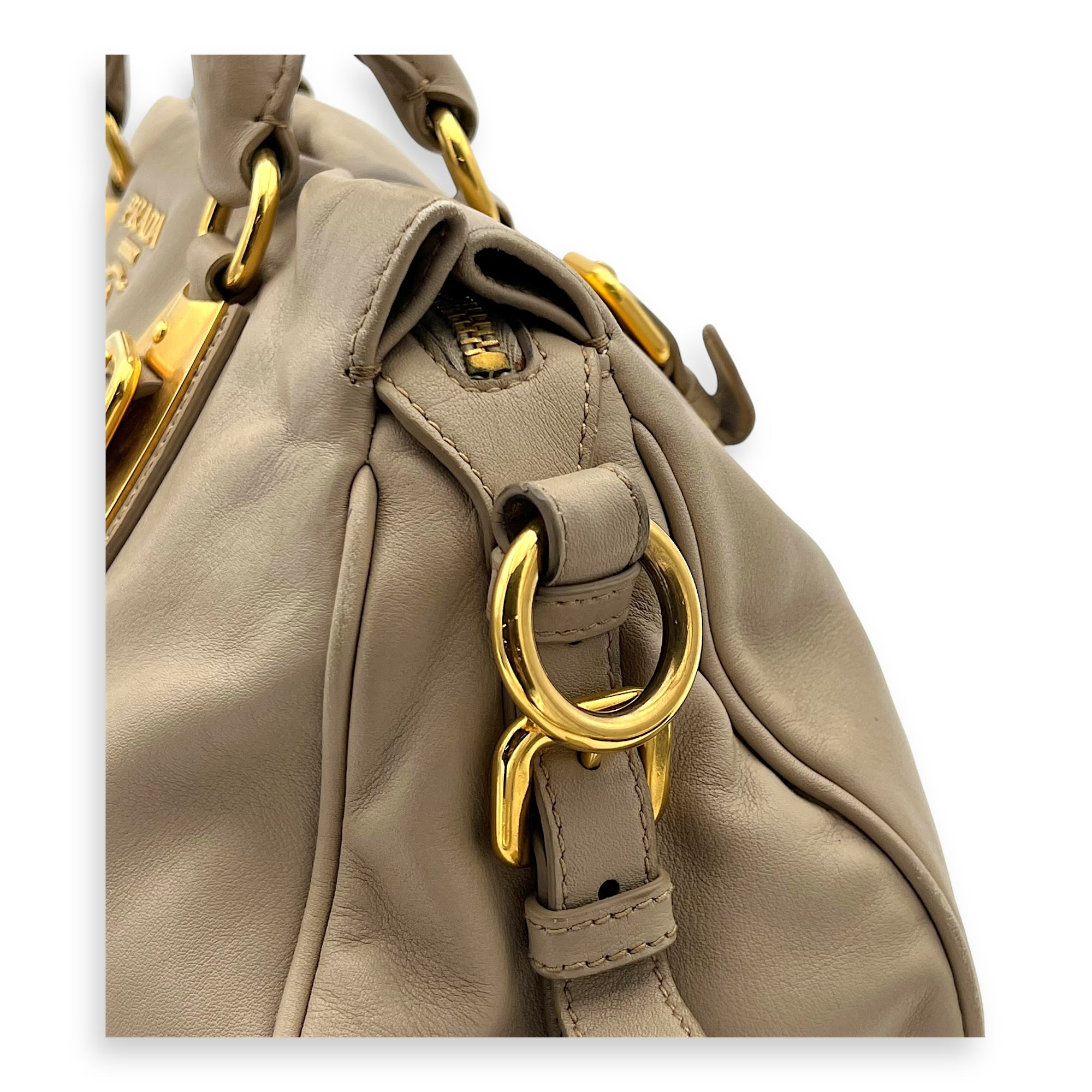 Logo Top Handle Bag Beige in Calfskin, Gold hardware - Image 10