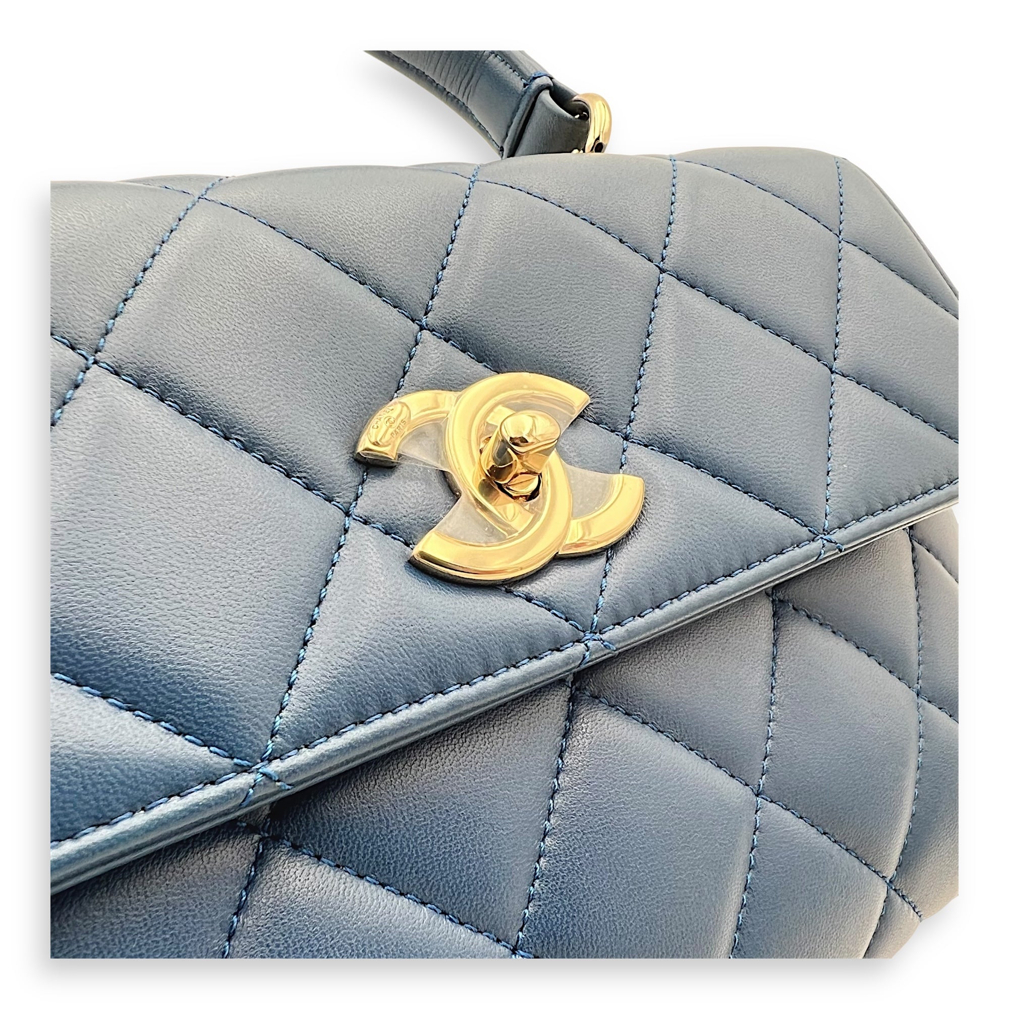Trendy CC Top Handle Bag Blue in Lambskin, Gold hardware - Image 11