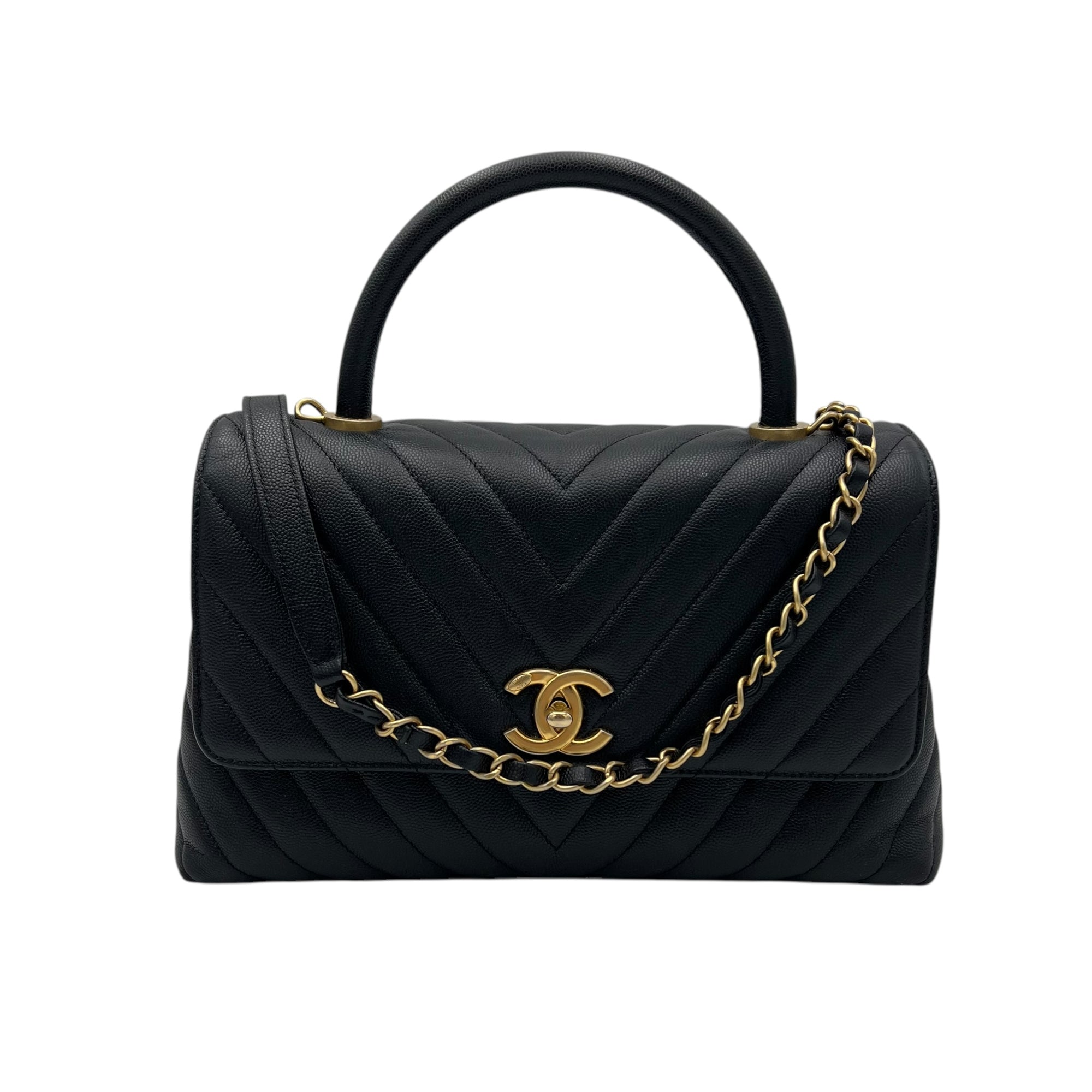 Coco Medium Black Top handle Bag in Caviar Leather, Gold hardware - Image 10