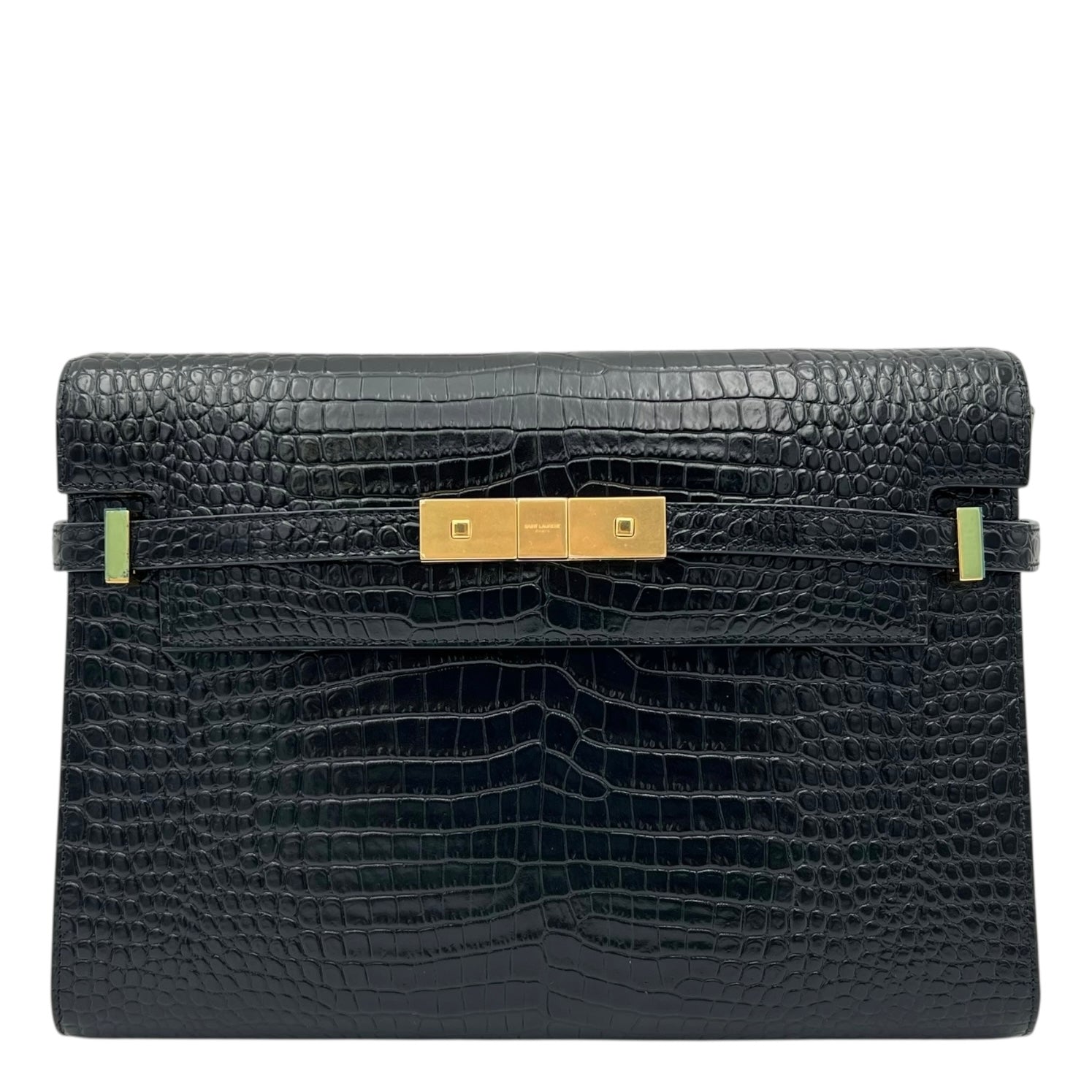 Manhattan Shoulder Bag Black in Crocodile Embossed Calfskin, Gold hardware