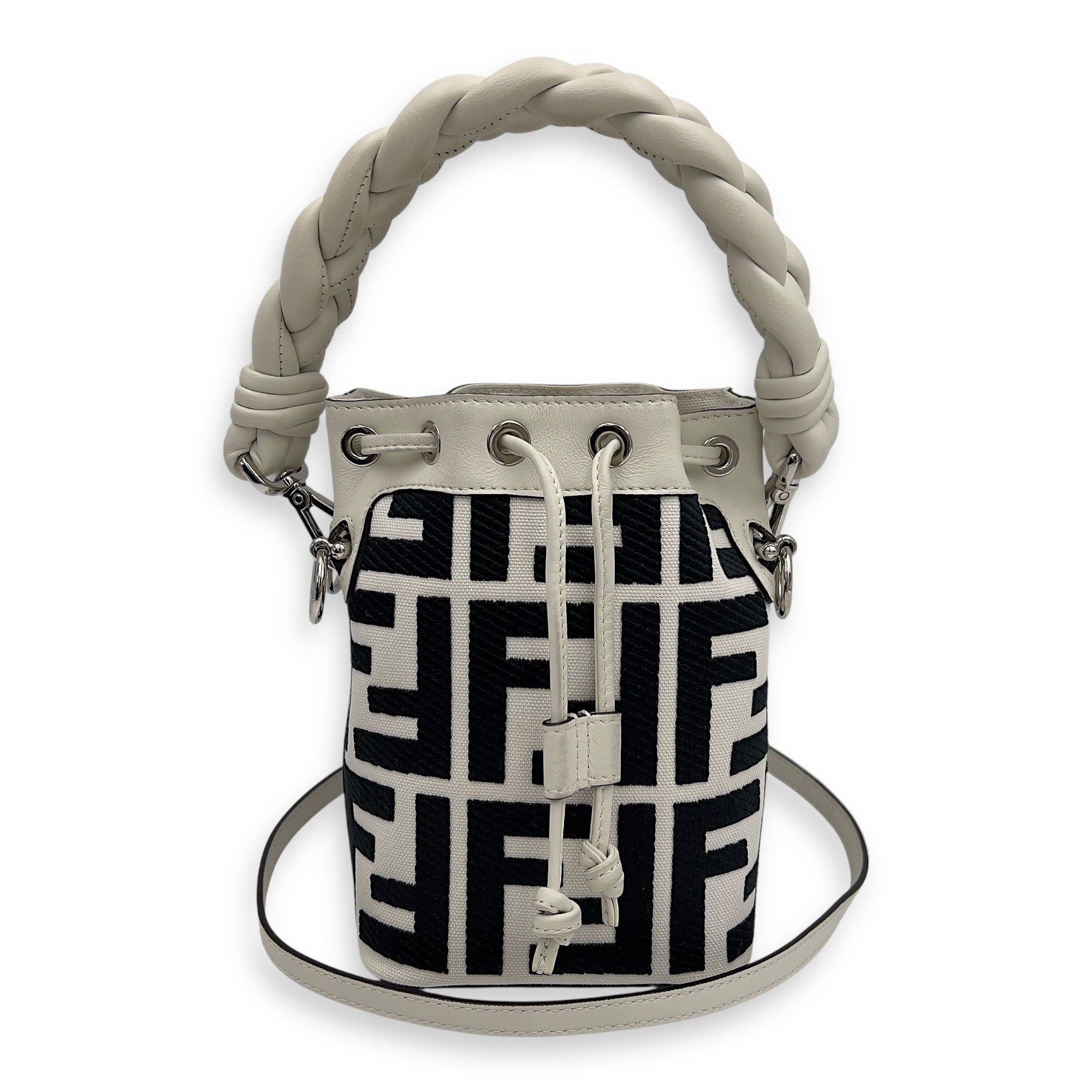 Mon Tresor White Bucket Bag in Canvas, Silver hardware - Image 9