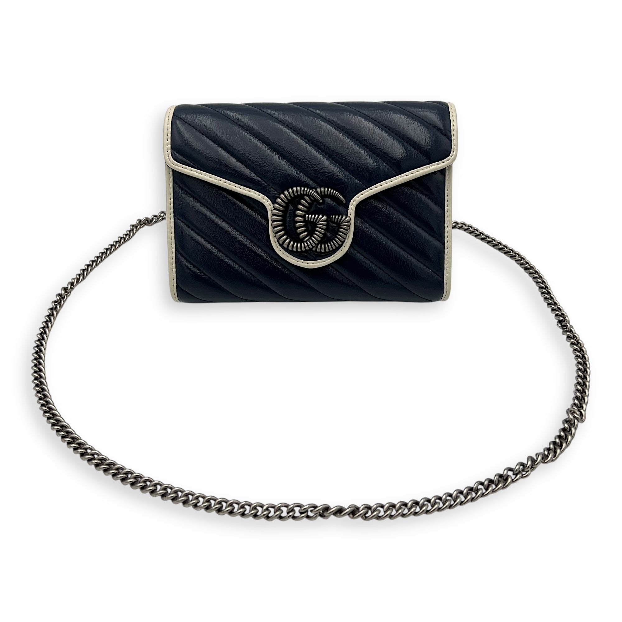 GG Marmont Wallet On Chain Blue in Calfskin, Ruthenium hardware - Image 11