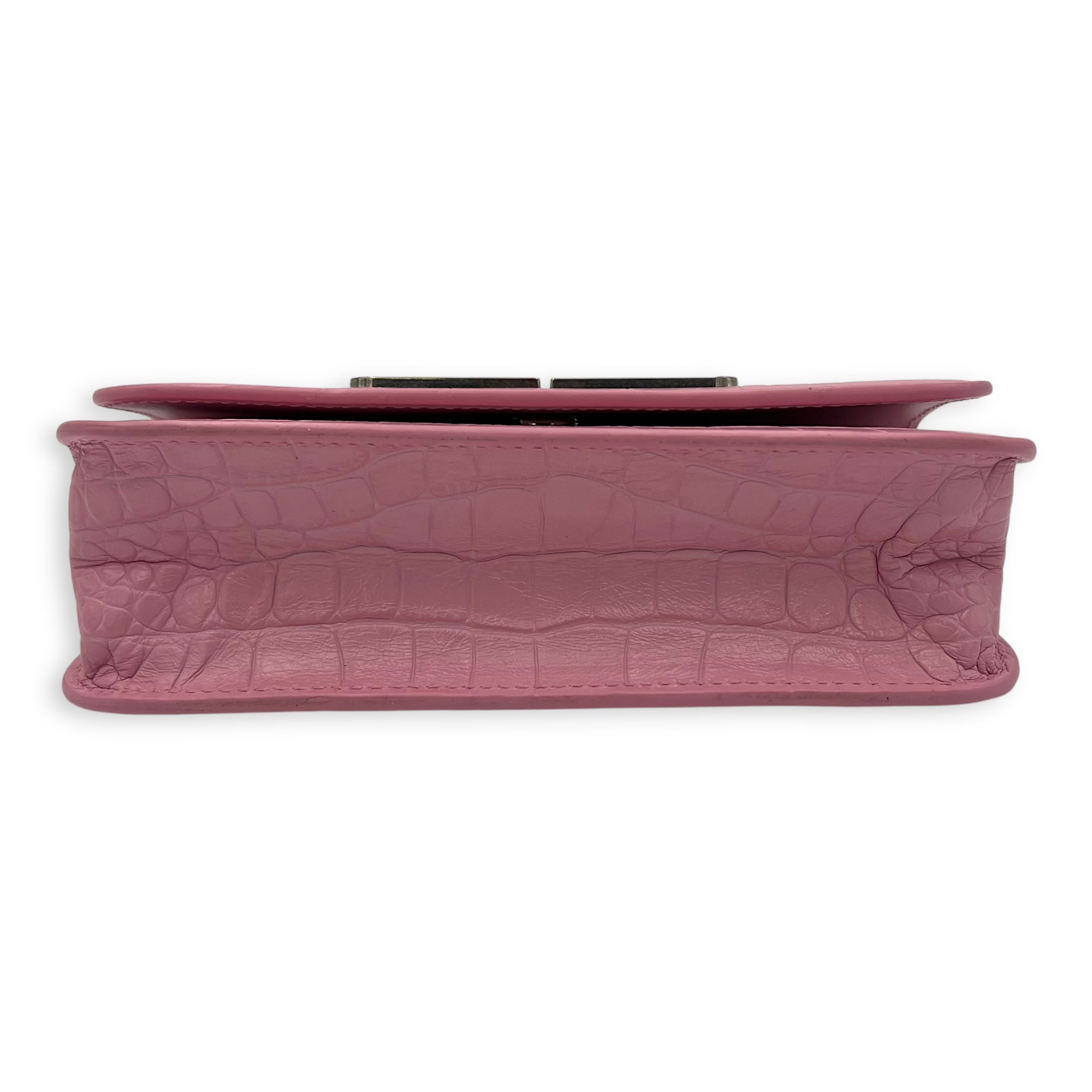 Gossip Wallet On Chain Pink in Crocodile Embossed Calfskin, Silver hardware - Image 6