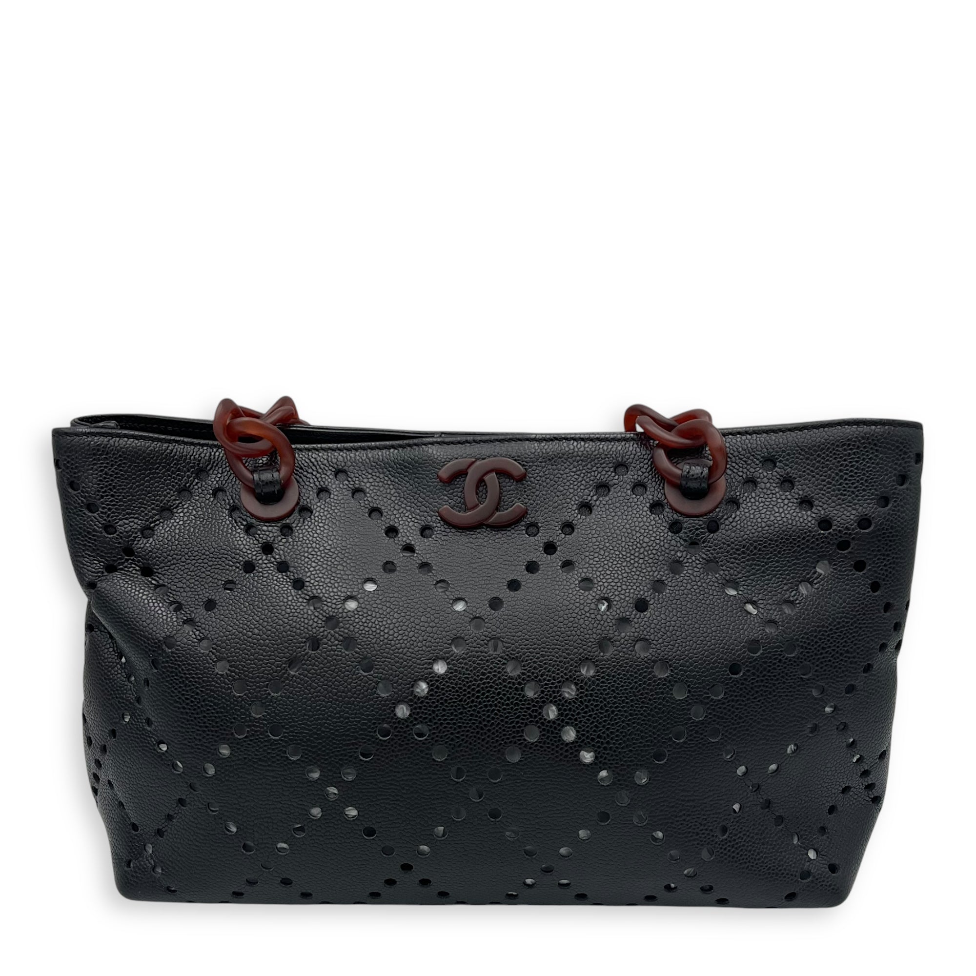 CC Perforated Black Tote Bag in Caviar Leather, Acrylic hardware
