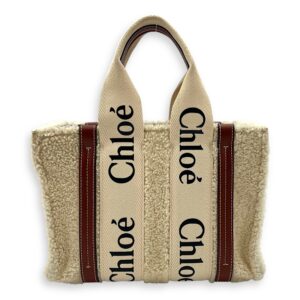 Woody Tote Bag Small Beige in Wool, Gold hardware