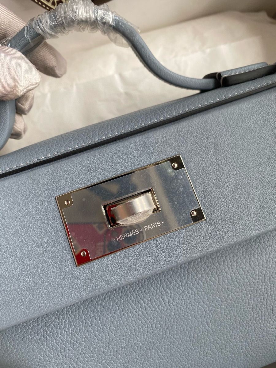 Hermes 24/24 Mini 21 Handmade Bag in Blue Lin Evercolor Leather - Image 4
