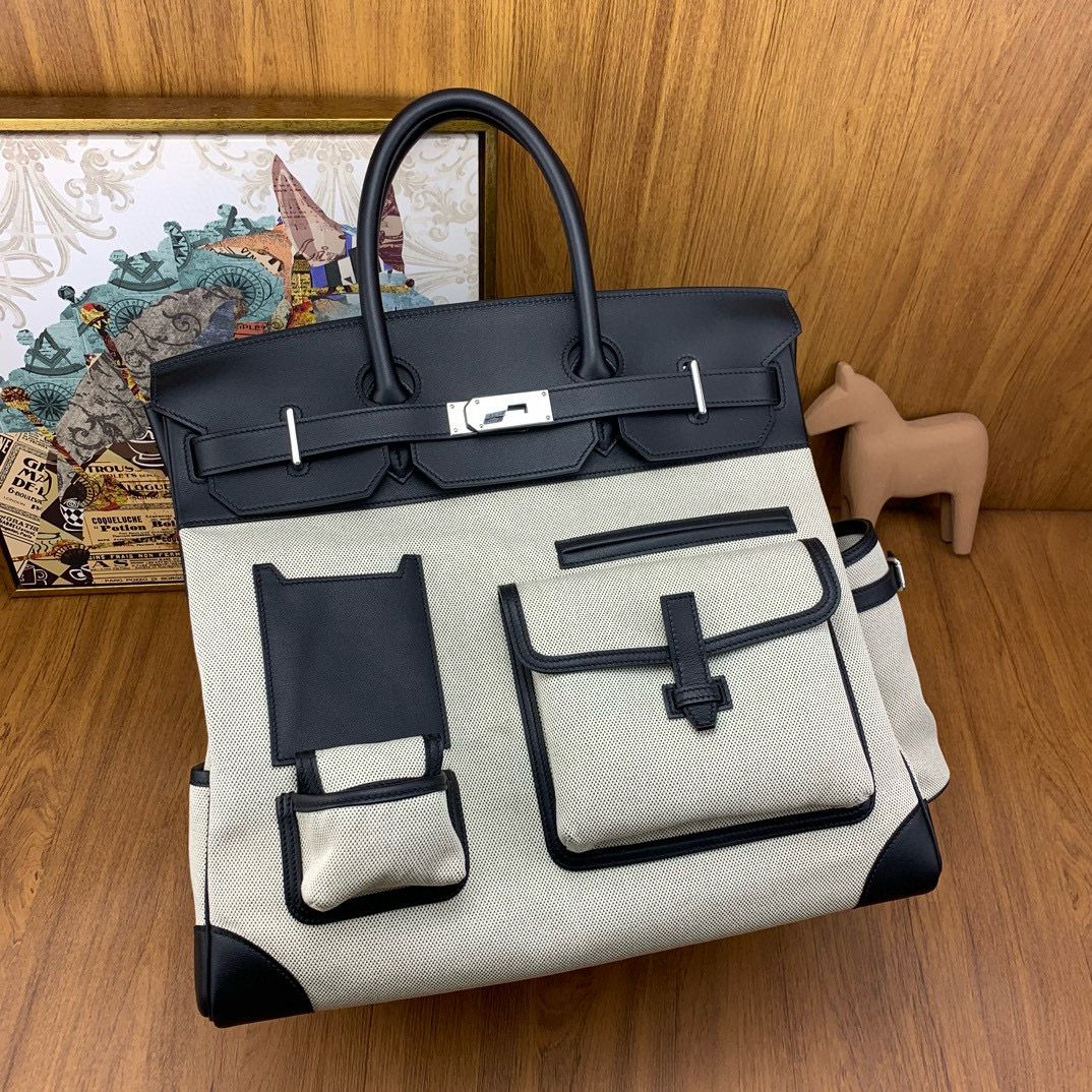 Hermes HAC Cargo Birkin 40 Handmade Bag in Toile with Black Leather - Image 5
