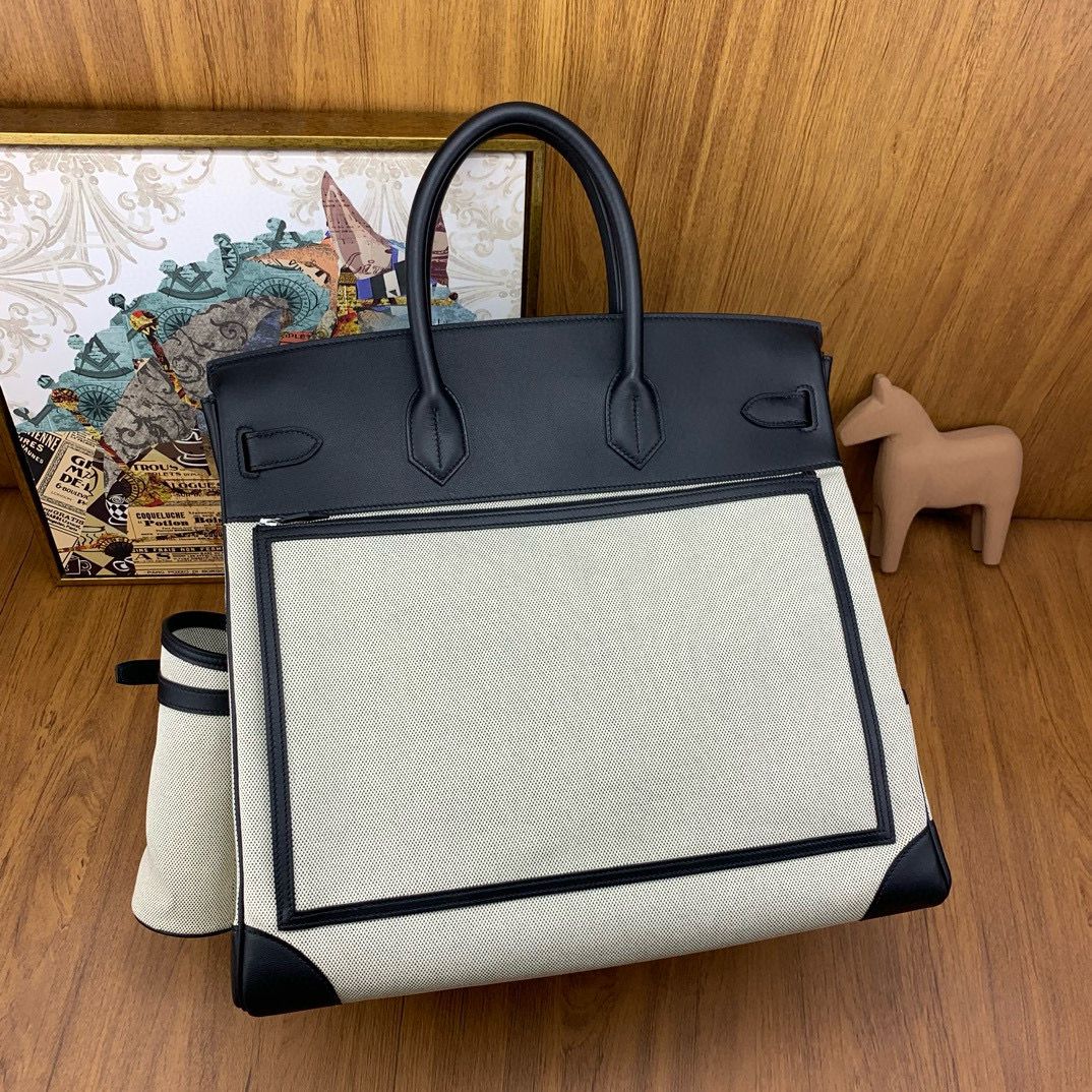 Hermes HAC Cargo Birkin 40 Handmade Bag in Toile with Black Leather - Image 6