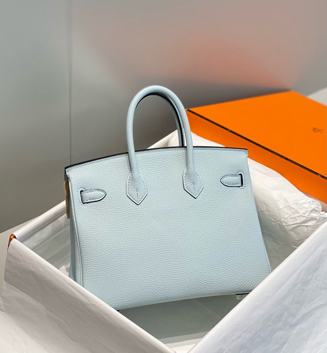 Hermes Birkin 25cm Bag In Blue Brume Clemence Leather PHW - Image 3