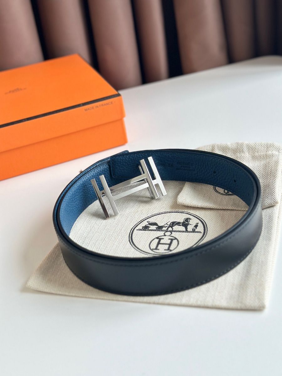 Hermes H au Carre Reversible Belt 32MM in Blue Clemence Leather - Image 7