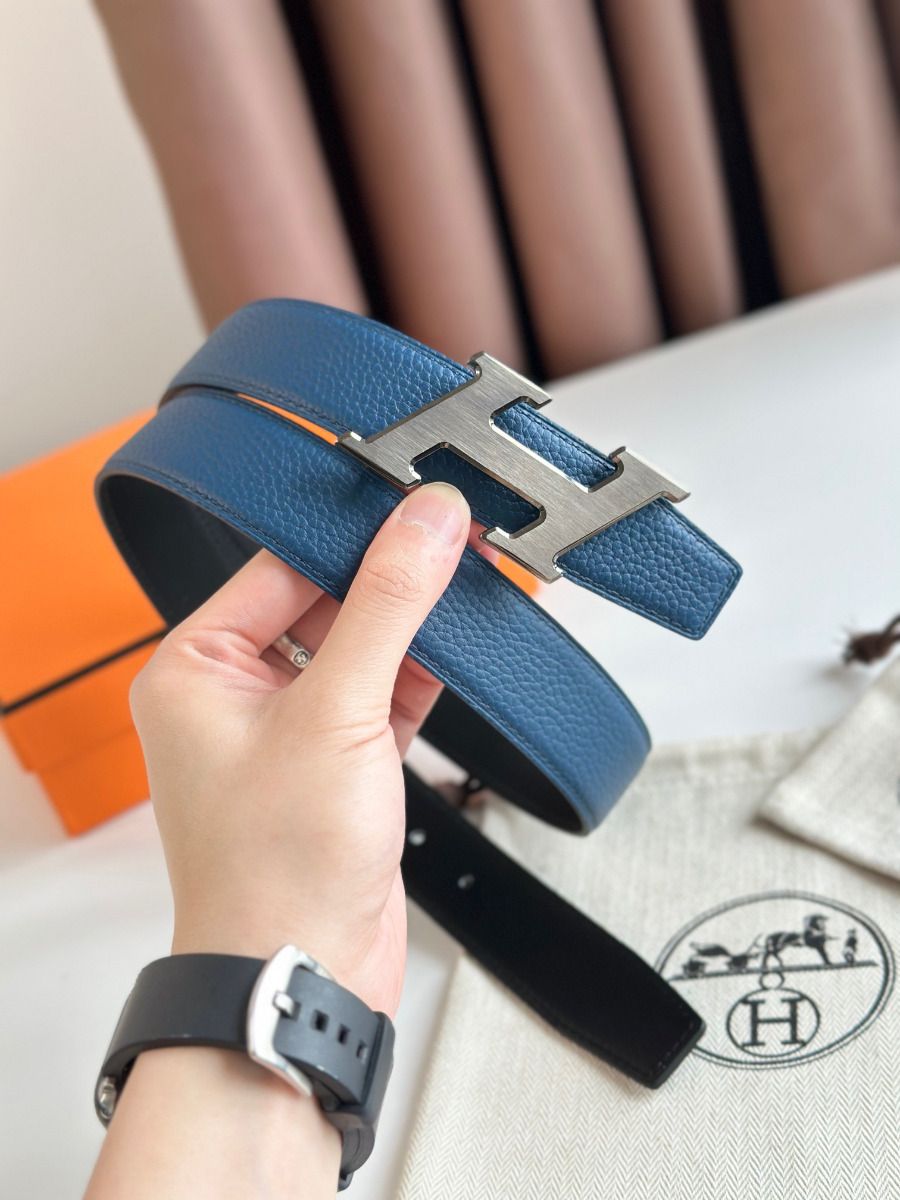 Hermes H Speed Reversible Belt 32MM in Blue Jean Clemence Leather - Image 6