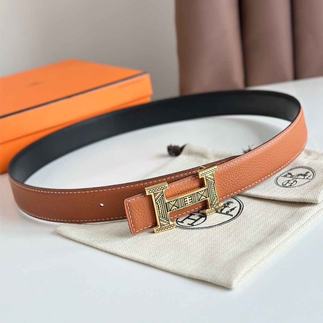 Hermes H Touareg Reversible Belt 32MM in Gold Clemence Leather - Image 3