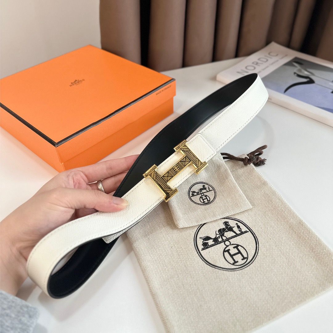 Hermes H Touareg Reversible Belt 32MM in White Epsom Leather - Image 5