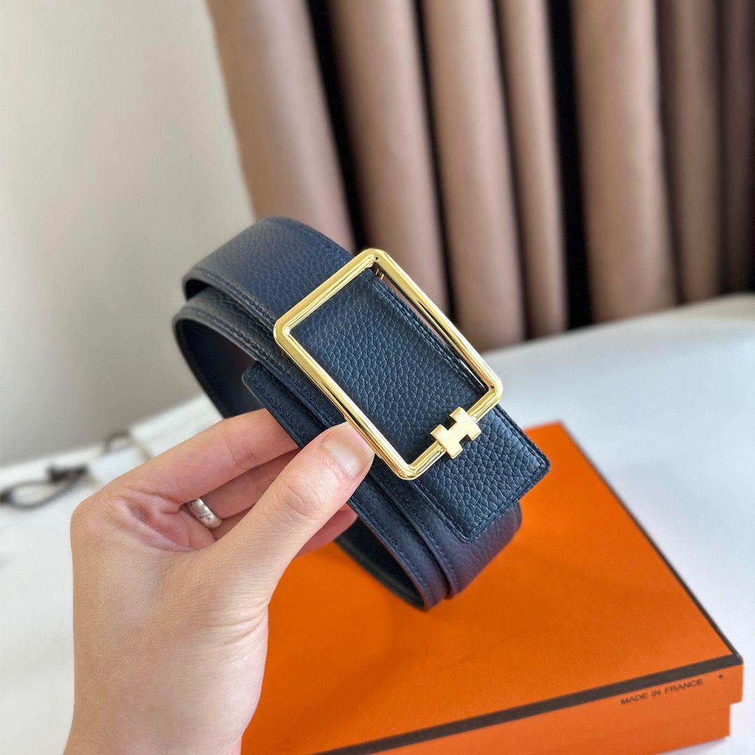 Hermes Tube H Reversible Belt 38MM in Blue Clemence Leather - Image 5