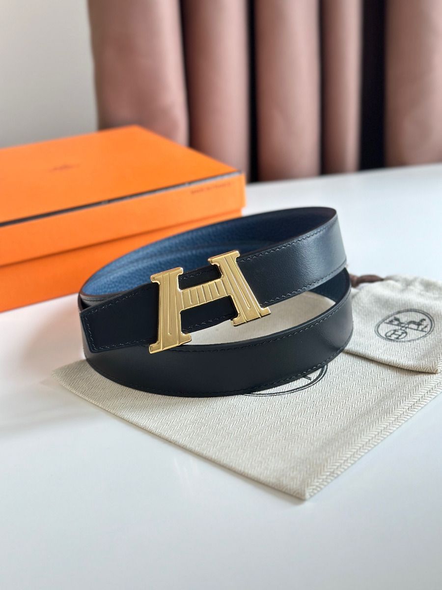 Hermes H Take Off Reversible Belt 32MM in Blue Clemence Leather - Image 3