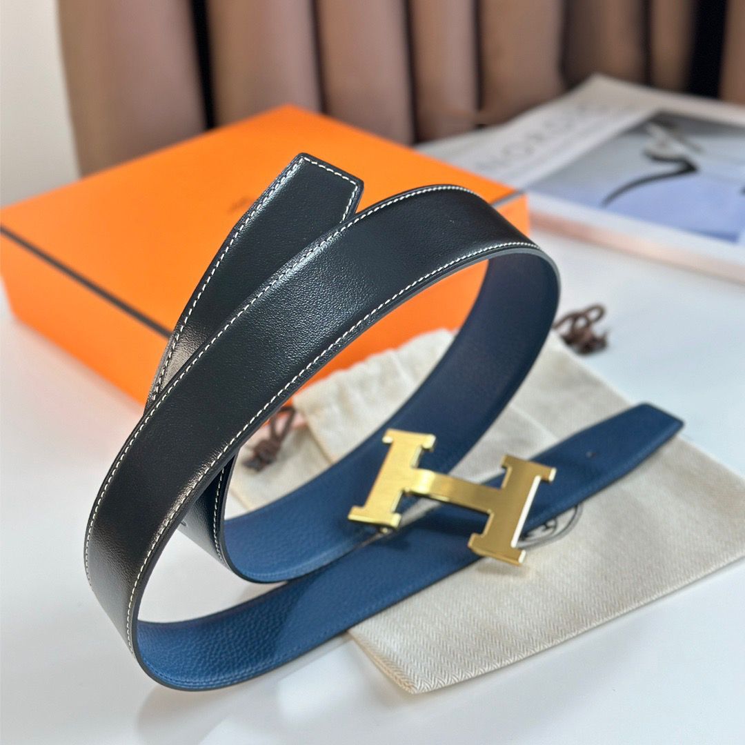 Hermes H Reversible Belt 38MM in Blue Clemence Leather - Image 3