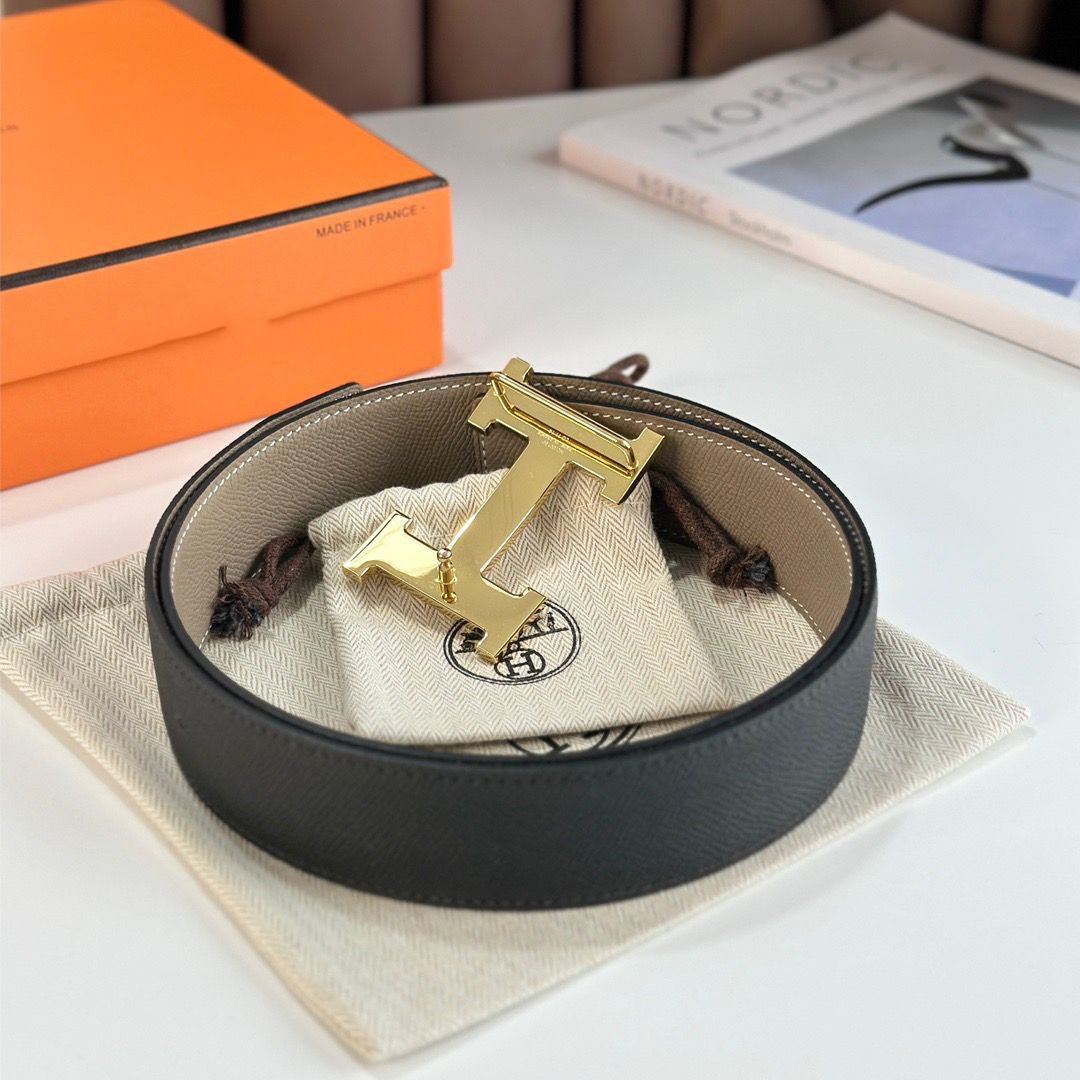 Hermes H Reversible Belt 38MM in Grey and Black Epsom Leather - Image 6