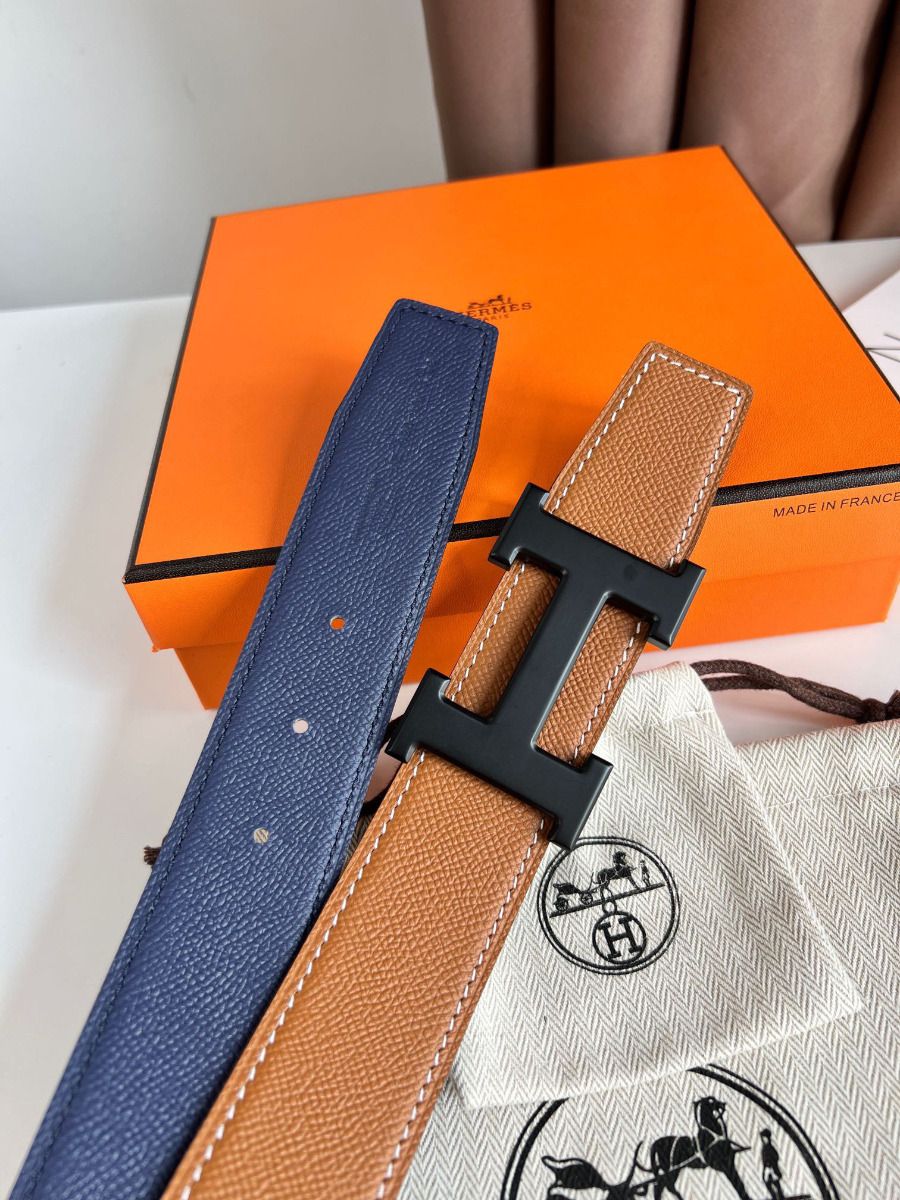 Hermes H Reversible 38MM Belt with matte Buckle in Blue and Gold Epsom Leather - Image 4
