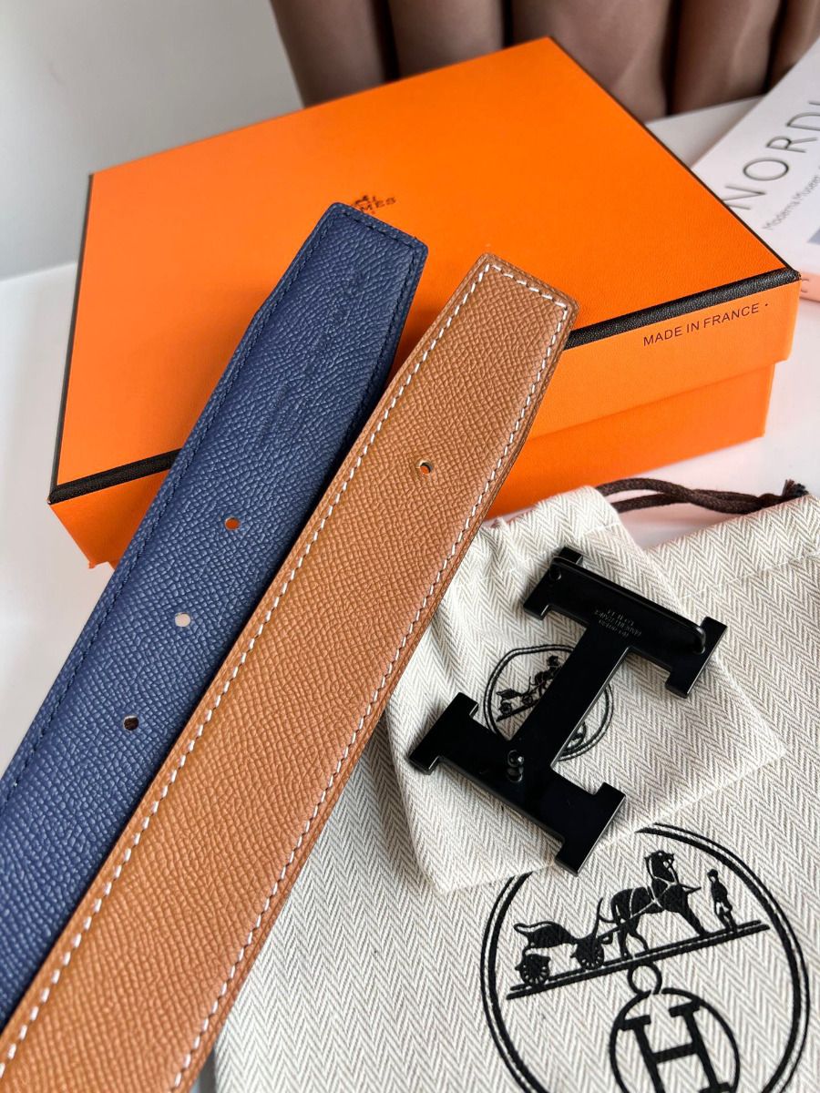 Hermes H Reversible 38MM Belt with matte Buckle in Blue and Gold Epsom Leather - Image 6