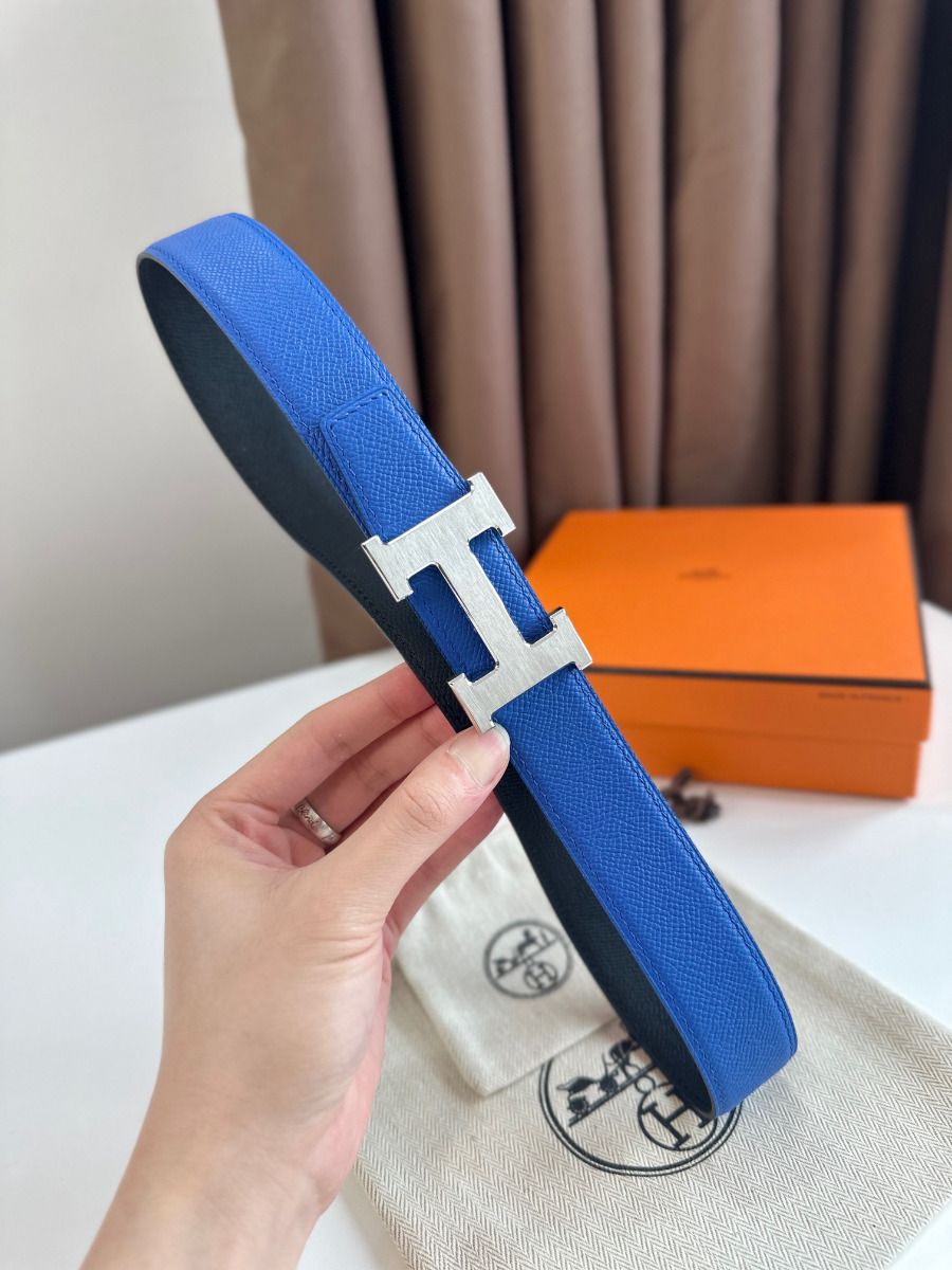 Hermes H Reversible Belt 32MM in Blue and Black Epsom Leather - Image 5